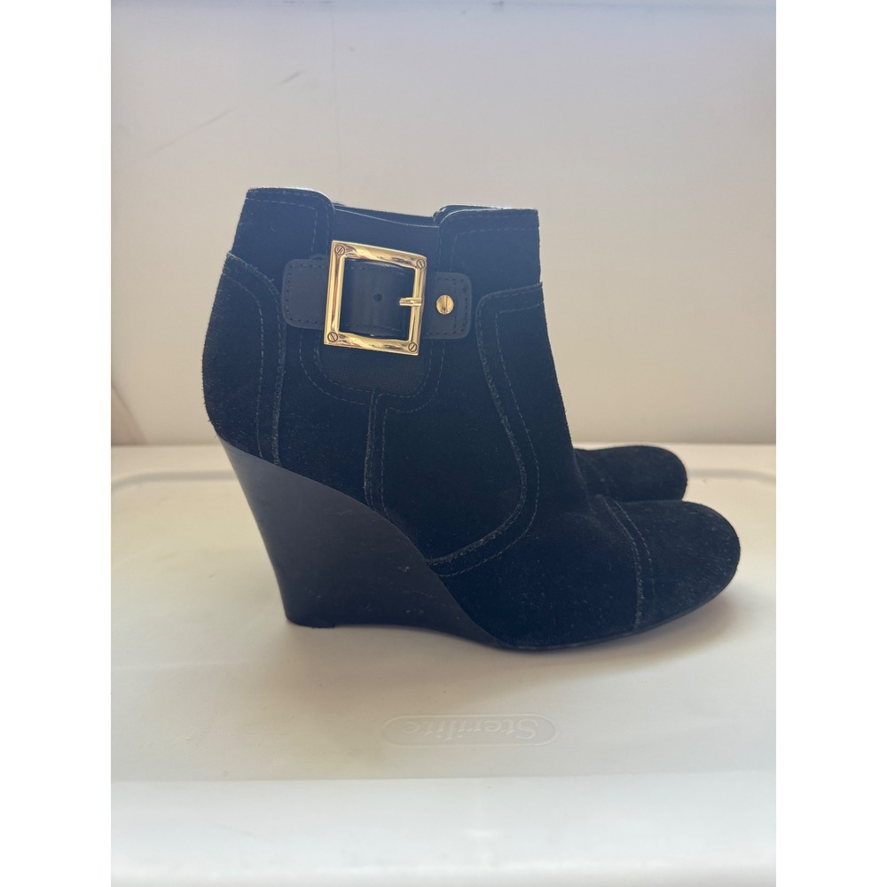 Tory Burch Black Suede Wedge Ankle Boots Gold Buckle Size 6.5 M